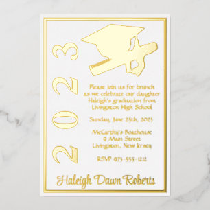 Cap & Diploma, White & Gold Graduation Foil Invitation