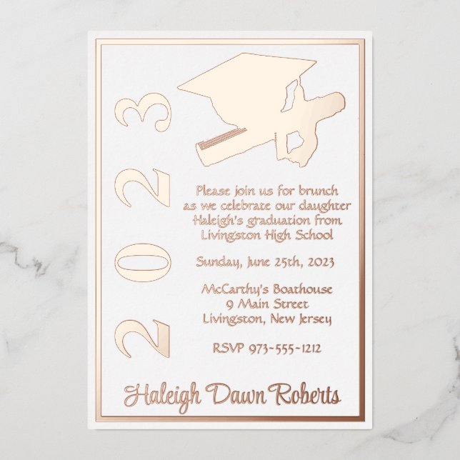 Cap & Diploma, White & Rose Gold Graduation Foil Invitation (Front)