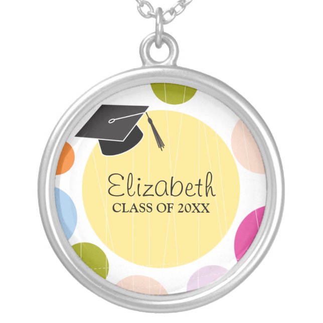 Cap & Dots Graduation Round Silver Plated Necklace (Front)