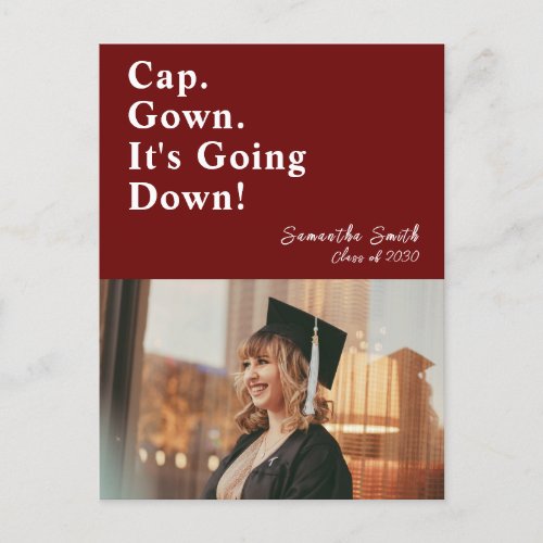 Cap Gown Its Going Down Red Modern Graduation Announcement Postcard