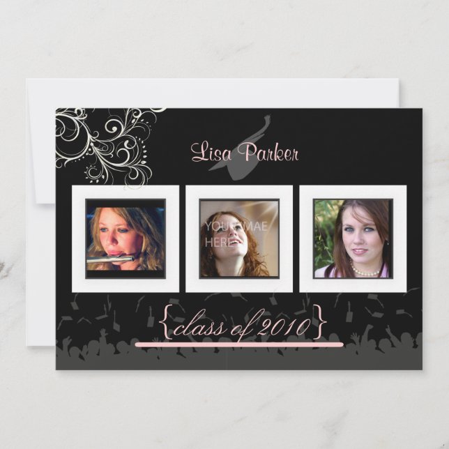 Cap + Gown + Swirls Graduation Invitation /Photos (Front)