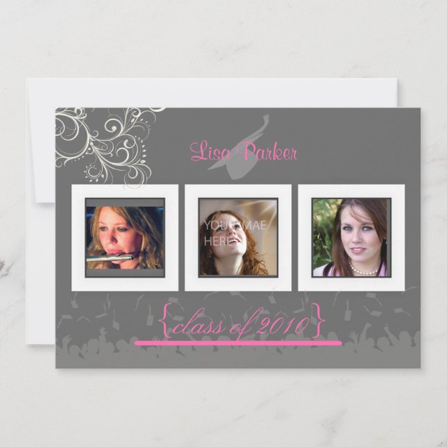 Cap + Gown + Swirls Graduation Invitation /Photos (Front)