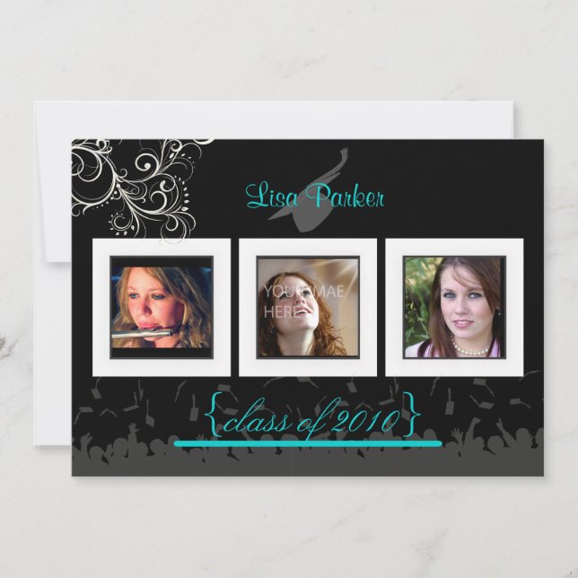 Cap + Gown + Swirls Graduation Invitation /Photos (Front)