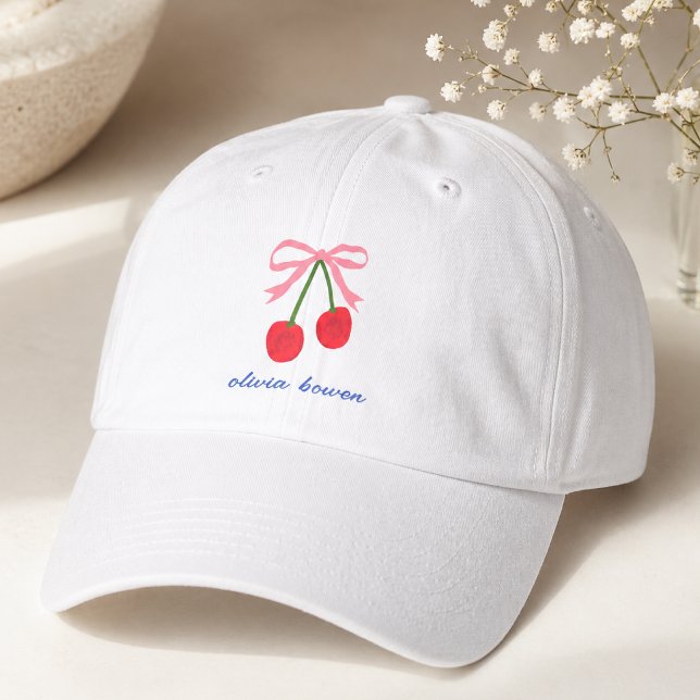 Cap Hat | Cherry Coquette Bow Cute Illustration (A cute custom design cap with coquette bow and cherries, perfect for gifting or everyday use)