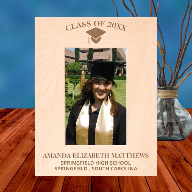 Cap N Tassel Simple 4x6P Chic Graduation Picture Engraved Frames (The text templates make customizing this etched wood graduation picture frame a breeze)