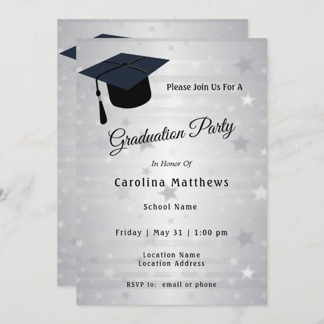 Cap Silver Stars Graduation Invitation (Front/Back)