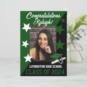 Cap & Stars 5x7 Green and Black Graduation Invitation