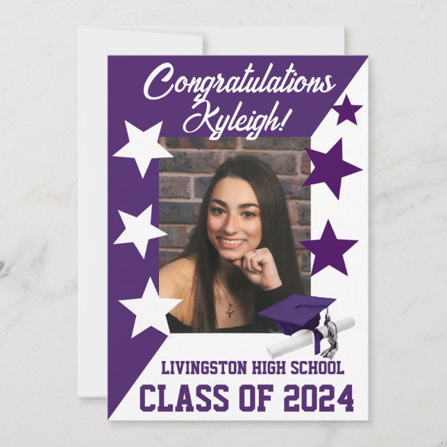 Cap & Stars 5x7 Purple and White Graduation Invitation (Front)