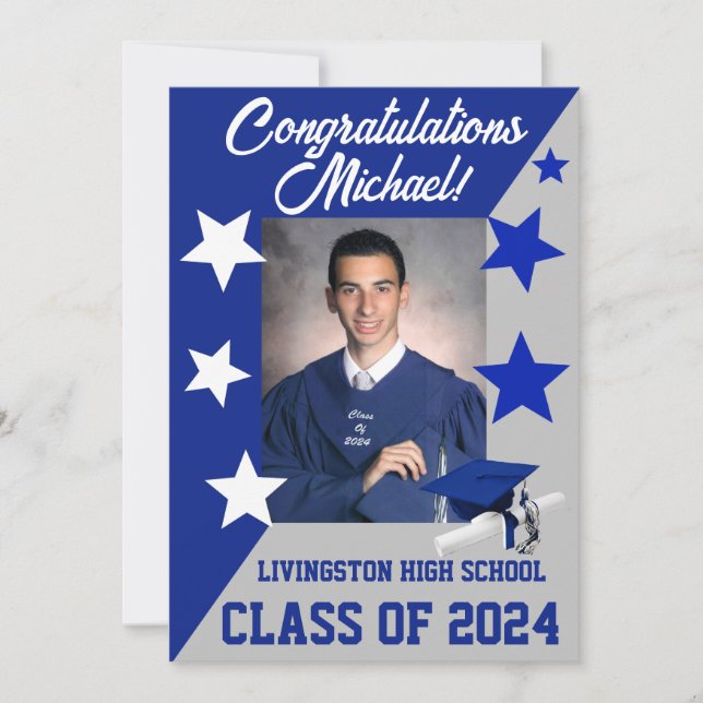Cap & Stars 5x7 Royal Blue and Gray Graduation Invitation (Front)