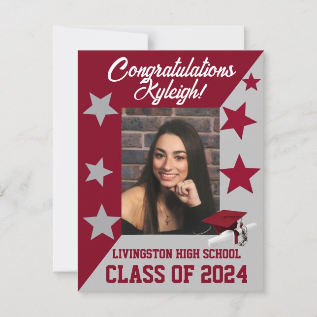 Cap & Stars Cardinal Red & Gray Graduation Invitation (Front)