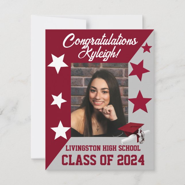 Cap & Stars Cardinal Red/White/Gray Graduation Invitation (Front)
