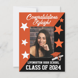 Cap & Stars Orange & Black Graduation Invitation