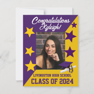 Cap & Stars Purple and Gold Graduation Invitation