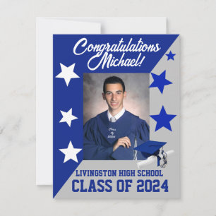 Cap & Stars Royal Blue and Gray Graduation Invitation