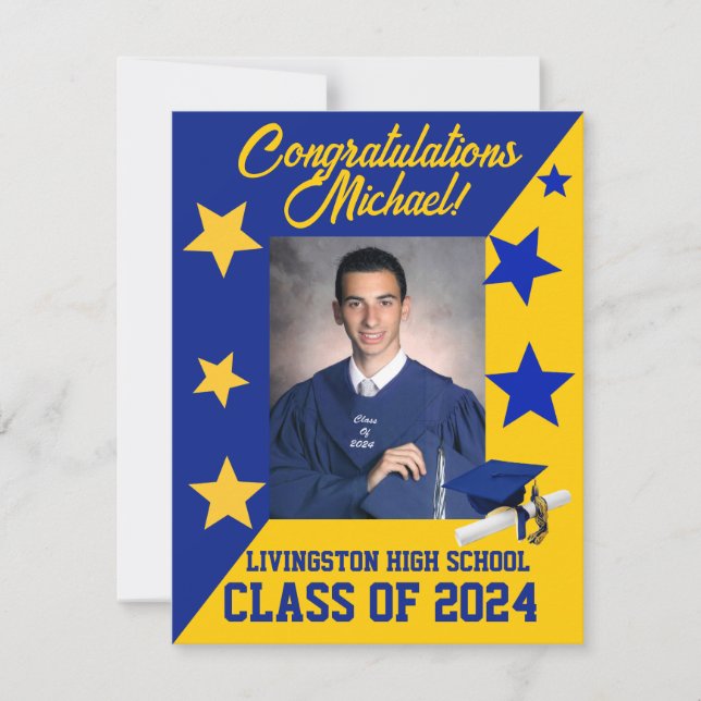 Cap & Stars Royal Blue & Gold Graduation Invitation (Front)