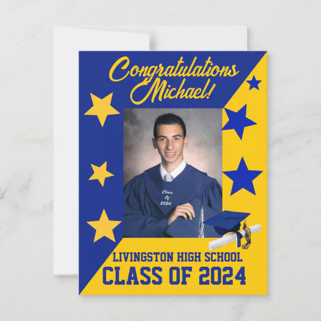 Cap & Stars Royal Blue & Gold Graduation Invitation | Zazzle