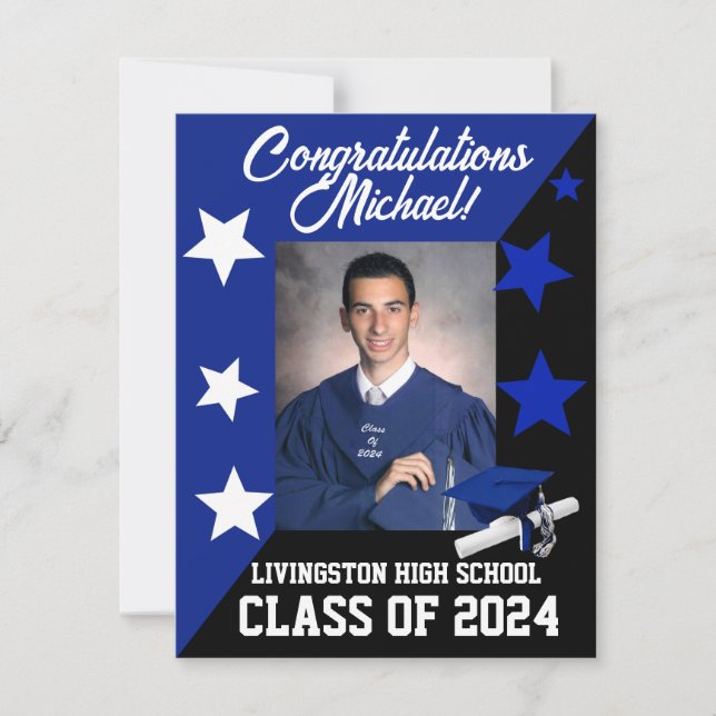 Cap & Stars Royal Blue, White and Black Graduation Invitation (Front)
