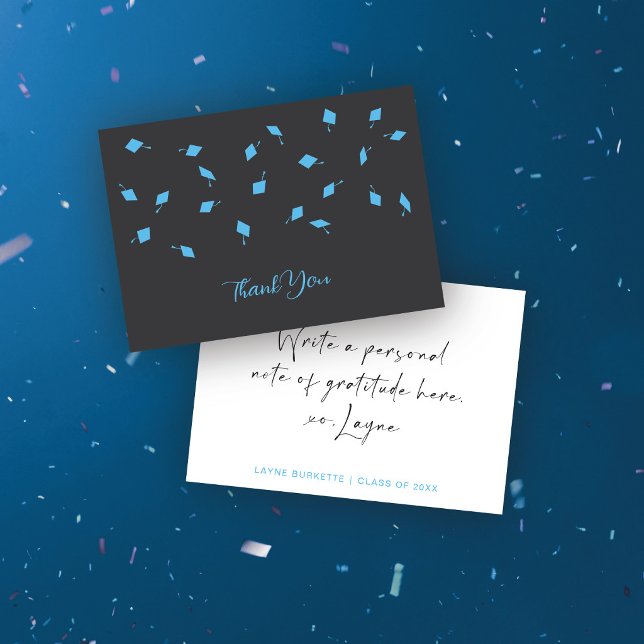 Cap Toss Blue & Gray Graduation Thank You Card (Creator Uploaded)