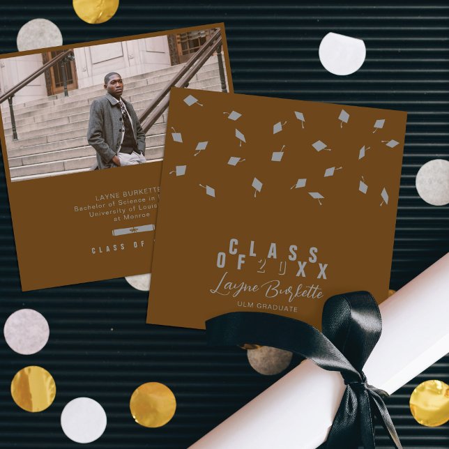 Cap Toss Brown & Silver Graduation Announcement (Creator Uploaded)