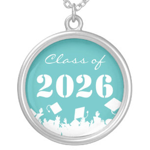 Cap Tossing Crowd Graduation Class of 2026 Silver Plated Necklace