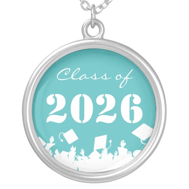 Cap Tossing Crowd Graduation Class of 2026 Silver Plated Necklace (Front)