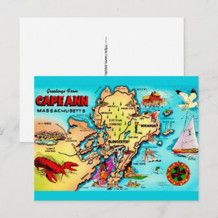 Cape Ann MA Colorful Map Postcard