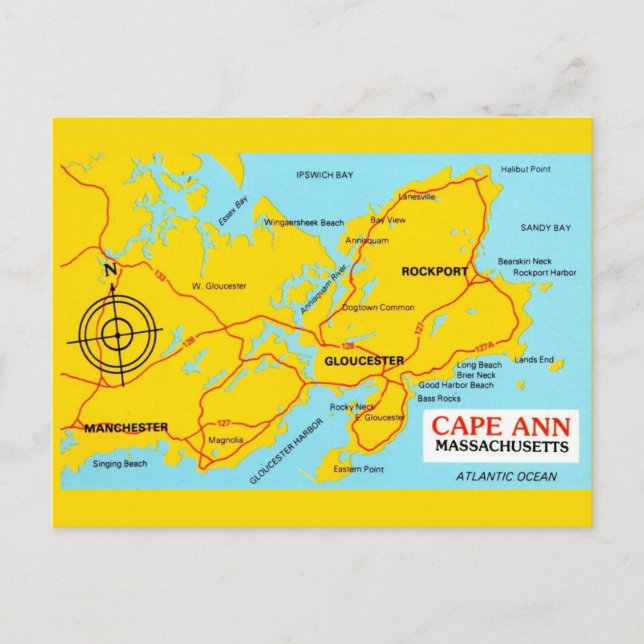 Cape Ann Massachusetts Map Postcard (Front)