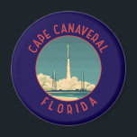 Cape Canaveral Florida Retro Distressed Circle Magnet<br><div class="desc">Cape Canaveral retro vector travel design. Cape Canaveral is a city on Florida's Atlantic coast. The Kennedy Space Center,  north of the city,  features a NASA shuttle launch simulation and astronaut memorabilia.</div>