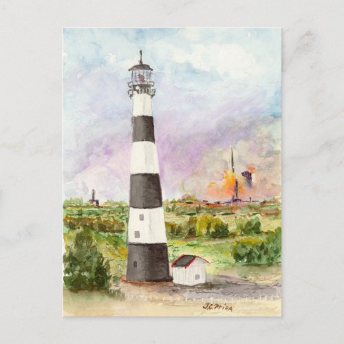Cape Canaveral Lighthouse Rocket Launch Watercolor Postcard