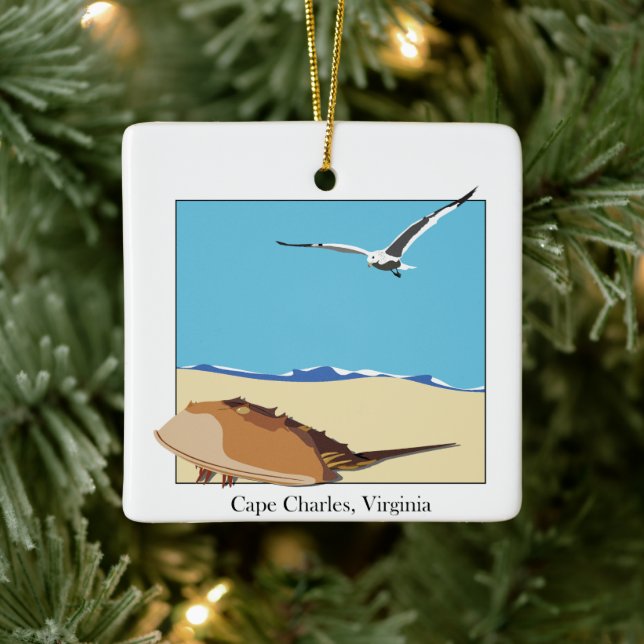 Cape Charles, VA Horseshoe Crab Sea Gull Beach  Ceramic Ornament (Tree)