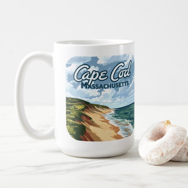 Cape Cod Beach Seashore Massachusetts Blue  Coffee Mug (With Donut)