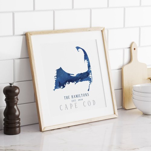 Cape Cod Blue Watercolor Map Family Established Poster