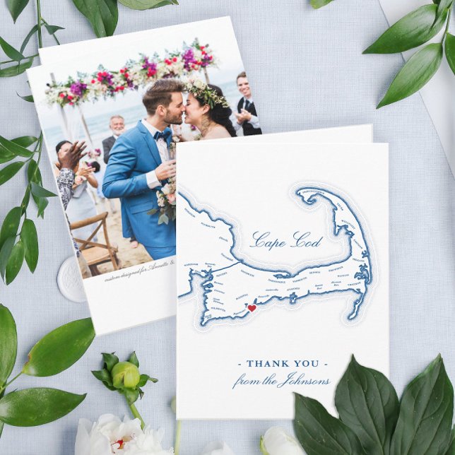 Cape Cod Elegant Destination Wedding Letterpress Thank You Card (Cape Cod Destination Wedding thank you cards with a map of the Cape and your photo on the back)
