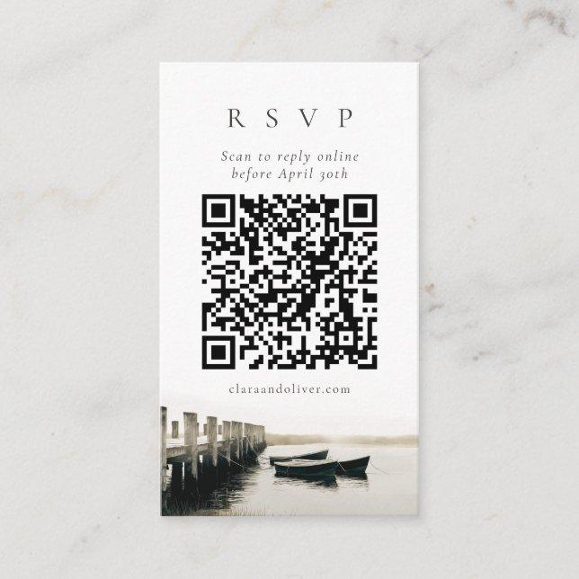 Cape Cod Harbor Dock Nautical QR Code RSVP Card  (Front)