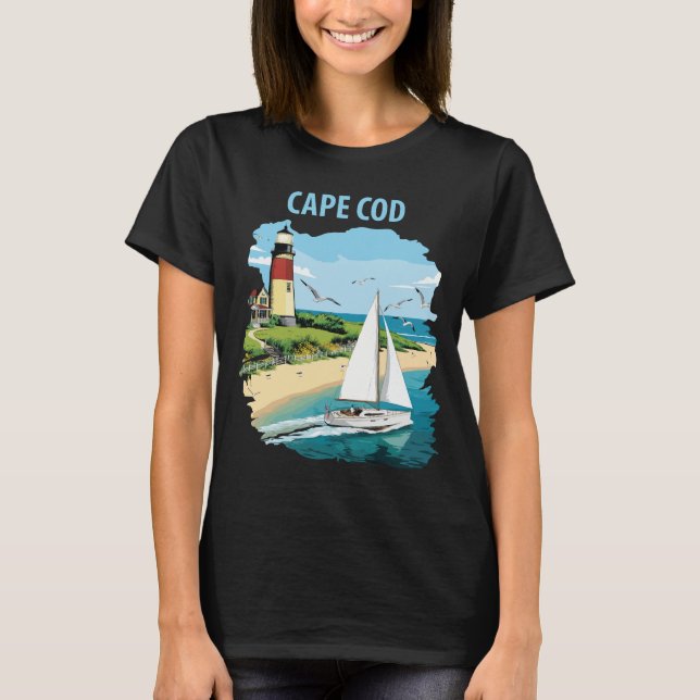 Cape Cod Lighthouse Sailboat Travel T-Shirt (Front)