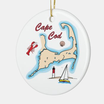 Cape Cod Map Illustration Lobster Sailboat Shell Ceramic Ornament by judgeart at Zazzle
