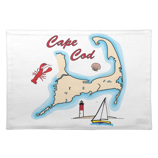 Cape Cod Map Illustration Lobster Sailboat Shell Cloth Placemat (Front)