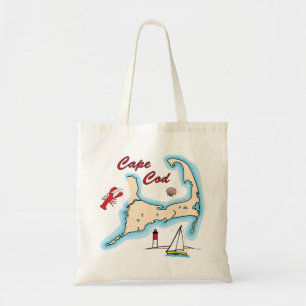Cape Cod Map Illustration Lobster Sailboat Shell Tote Bag