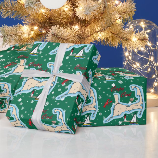 Cape Cod Map Lobster Sailboat Shell Christmas Wrapping Paper (Holidays)