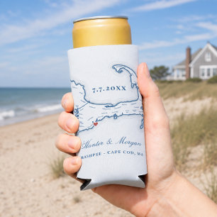 Cape Cod Map Wedding Favor Drink Holder Seltzer Can Cooler