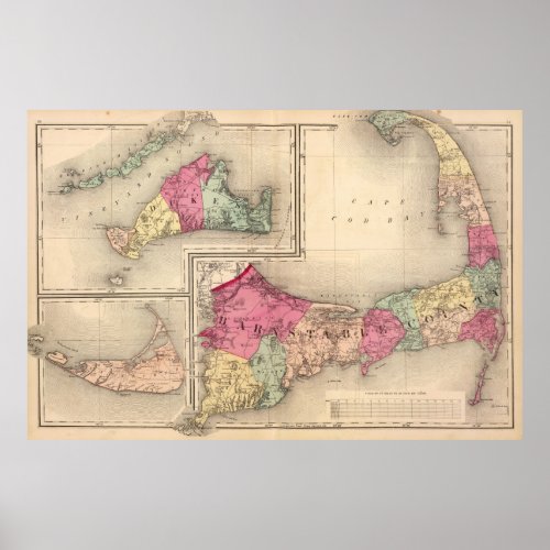 Cape Cod Marthas Vineyard  Nantucket Map 1871 Poster