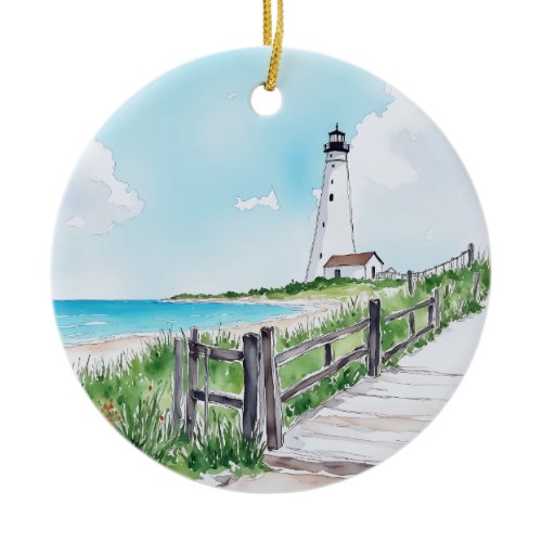 Cape Cod Massachusetts Lighthouse Watercolor Ceramic Ornament
