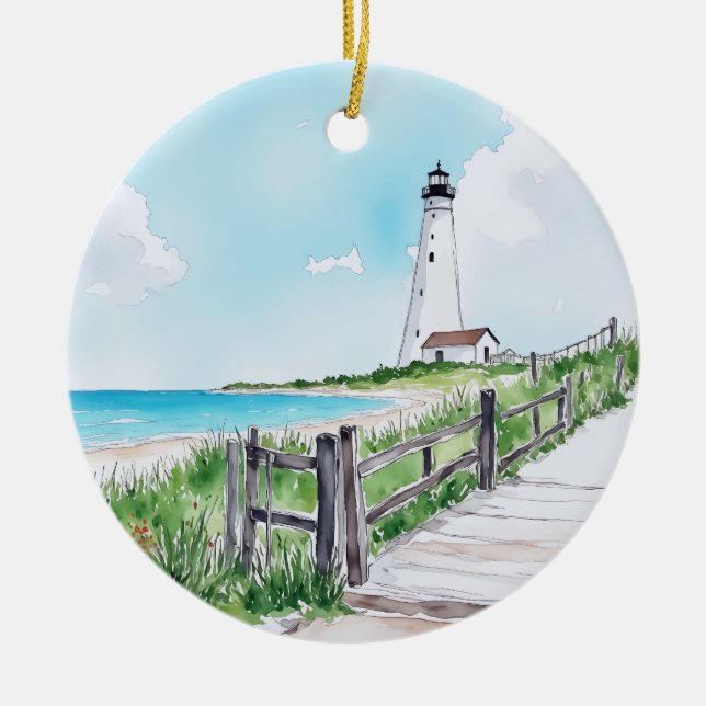 Cape Cod Massachusetts Lighthouse Watercolor Ceramic Ornament (Front)