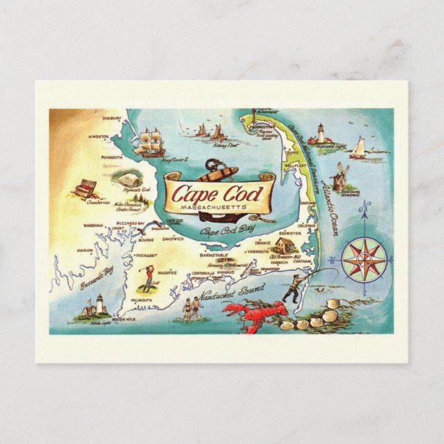 Cape Cod Massachusetts Map Postcard (Front)