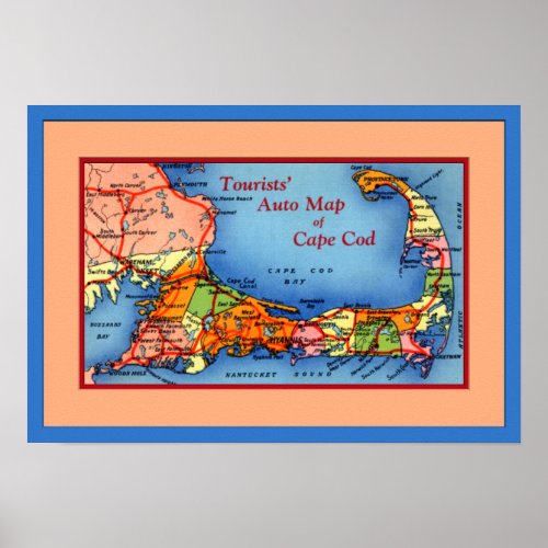 Cape Cod Massachusetts Tourists Auto Map Poster