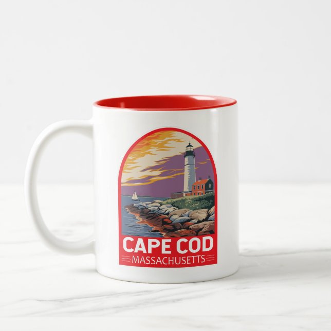 Cape Cod Massachusetts Travel Art Emblem Two-Tone Coffee Mug (Left)