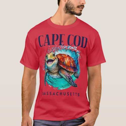 Cape Cod Massachusetts Watercolor Happy Sea Turtle T_Shirt