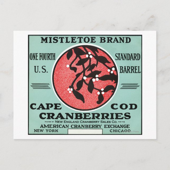 Cape Cod Mistletoe Brand Cranberry Label Postcard (Front)