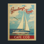 Cape Cod Postcard Sailboat Vintage Massachusetts<br><div class="desc">This Greetings From Cape Cod Massachusetts vintage travel nautical design features a boat sailing on the water with seagulls and a blue sky filled with gorgeous puffy white clouds.</div>