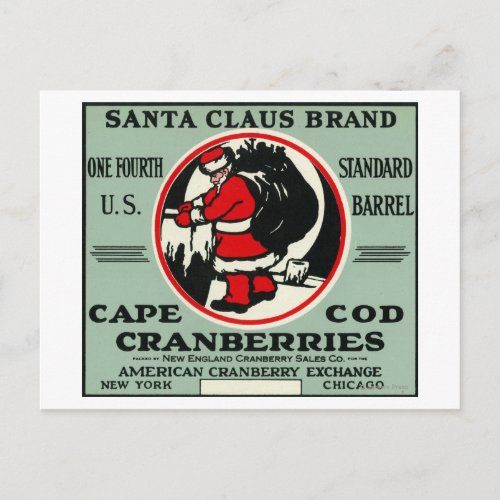 Cape Cod Santa Claus Brand Cranberry Label Holiday Postcard